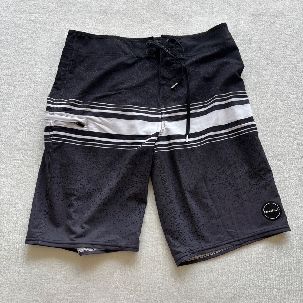 O'Neill Hyperfreak Board Shorts Men 30 Black Striped Speckled Swim Trunks